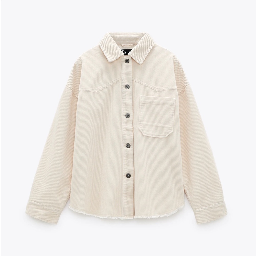 Zara ecru relaxed corduroy overshirt with fringe hem size L
